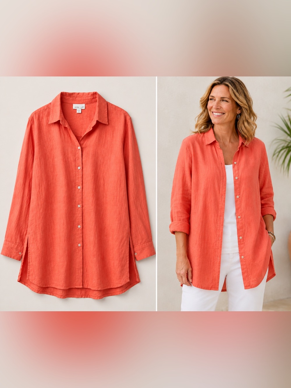 J Jill Love Linen Coral Orange Button Down Tunic XL 100% Linen Coastal Minimal